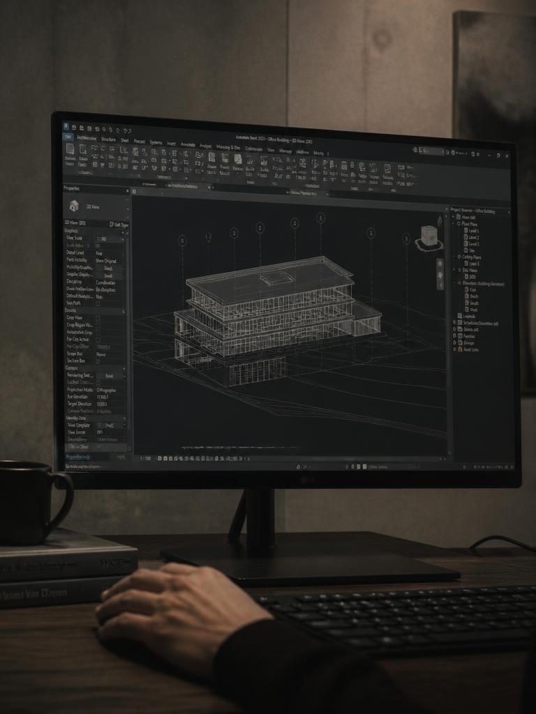 Close-up of a monitor showing a detailed Revit BIM model in a dim studio