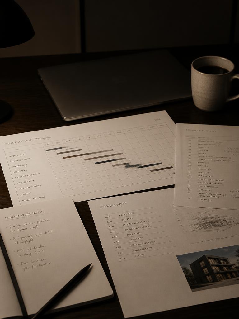 Construction timeline and coordination documents arranged on a dark desk